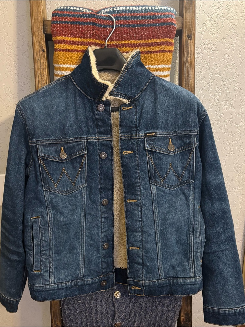 Wrangler Blue Denim Sherpa Jacket with Cream Lining